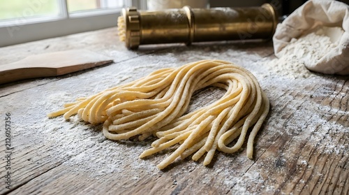 Freshly extruded homemade pasta strands on floured wooden surface with kitchen equipment.