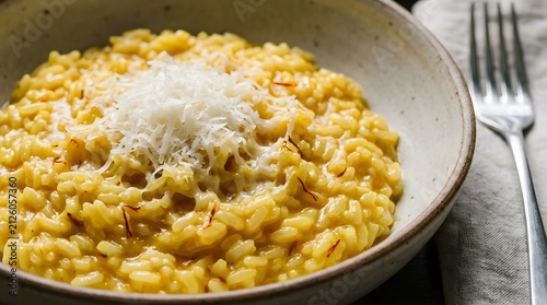 Creamy saffron risotto milanese topped with grated parmesan cheese in ceramic serving bowl.