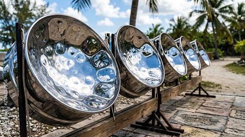 Shiny Steel Pan Drums Standing Outdoors on Tropical Island.
