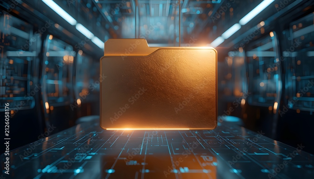 © MD - Golden digital folder in futuristic workspace. Premium data storage concept in cyber environment.