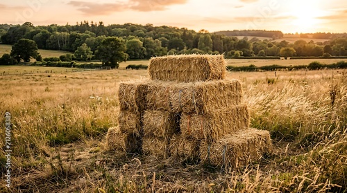 Stacked hay bales in a rural field during golden hour sunset.