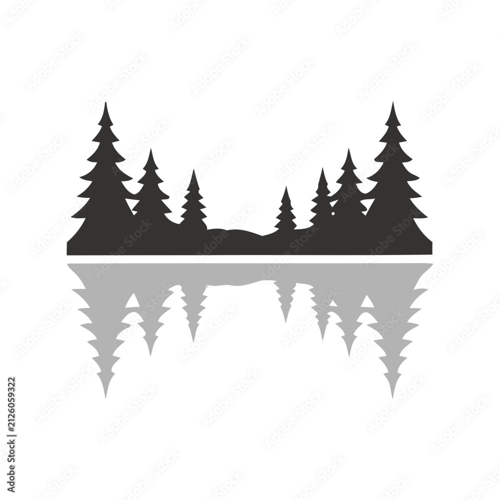 Obraz premium Minimalist Silhouette Landscape of Pine Trees Reflected in Lake Water