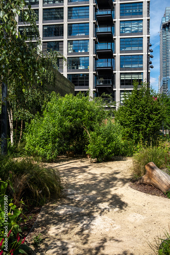Dappled shade crosses a garden pathway as trees and shrubs soften a city building facade, creating a layered landscape around contemporary architecture
