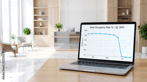 Laptop displaying plummeting hotel occupancy rate in lobby