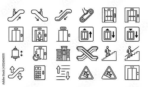 Escalator Elevator Lift and Stairway Transportation Outline Vector Icon Set