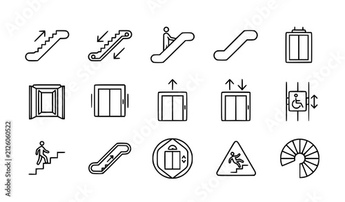Minimal Elevator Escalator Lift and Stairway Access Line Vector Icon Set