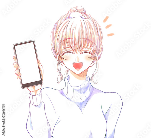 スマホを見せる女性　笑顔
