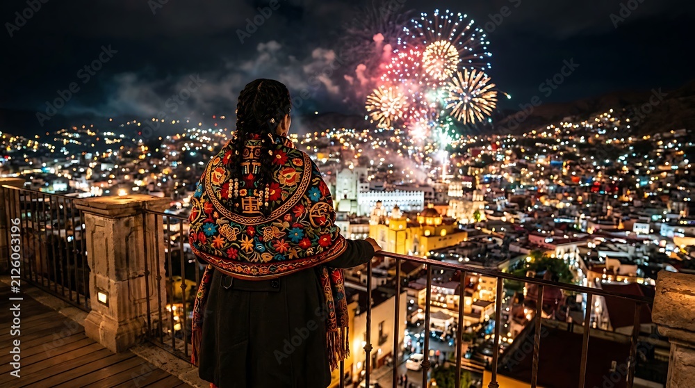 Fototapeta premium Woman in traditional Mexican shawl watching fireworks over San Miguel de Allende at night.
