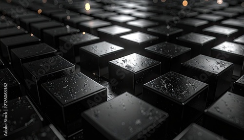 A grid of glossy black cubes with water droplets.