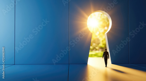 a businessman walking out to bright door key hole shape as out of problem or find solution