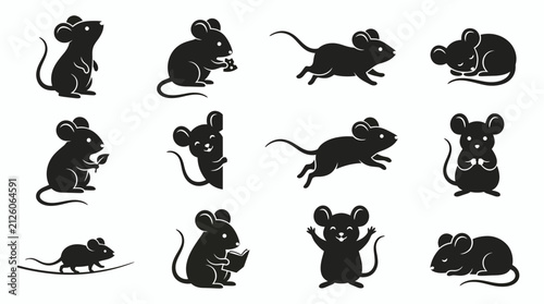 A detailed collection of black silhouette cartoon mouse icons in various engaging poses and activities, illustrating children's books, educational materials, or playful brand identity
