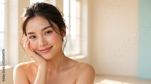 Beautiful Asian woman with glowing skin for beauty skincare advertisement and spa website banner in natural indoor light