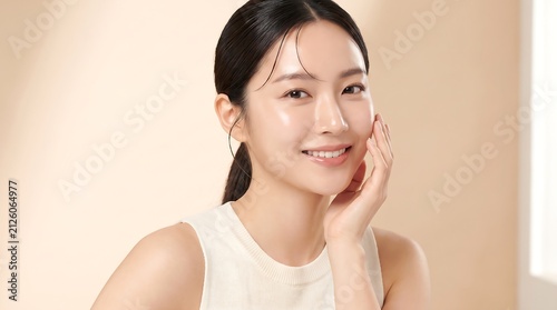 Beautiful Asian woman with glowing clear skin touching her face for a beauty and skincare website banner advertisement.