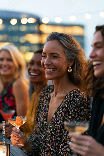 Stylish diverse women enjoying a memorable girls night, elegant rooftop lounge, cocktails, laughter, modern city backdrop, sophisticated fashion, glowing evening ambiance, authentic social connection