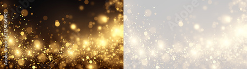 Golden glitter bokeh lights effect on dark and transparent background. Glowing sparkling particles banner. Magic dust texture overlay
