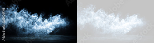 Atmospheric blue smoke and fog effect isolated on transparent background. Low mist cloud overlay on dark floor