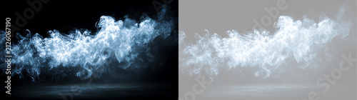 Icy blue swirling smoke overlay asset. Dynamic fog and mist cloud on black and transparent background