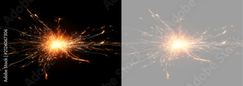 Bright sparkler explosion burst overlay. Glowing fiery sparks and light trail effect on black and transparent background. Isolated festive element for design