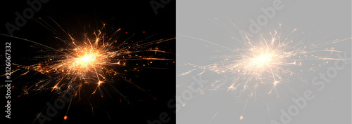 Glowing sparkler spark burst with particle effect overlay. Golden pyrotechnic flash on black and transparent background