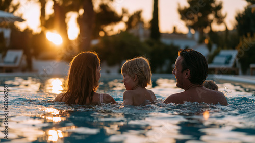 Idyllic faceless family swimming in a beautiful outdoor pool at sunset, warm golden-hour light, calm water reflections, luxury residential setting, inviting mood, wide cinematic composition