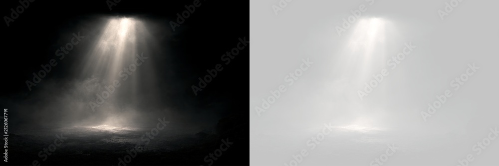 Obraz premium Overhead beam of light with smoke effect on dark ground. Volumetric spotlight overlay design element