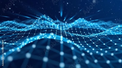Abstract blue digital landscape with glowing network connection points