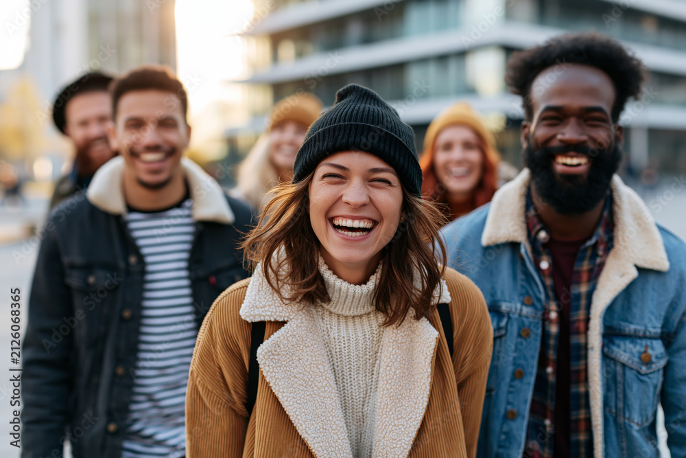 Fototapeta premium Aerial view of diverse group of friends spending time together in a modern city square, genuine laughter and connection, bright natural sunlight, realistic lifestyle scene