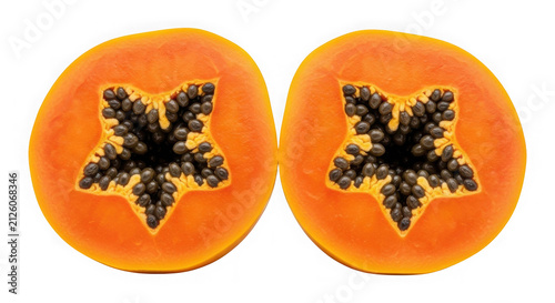 Two fresh ripe papaya fruit slices showing black seeds inside