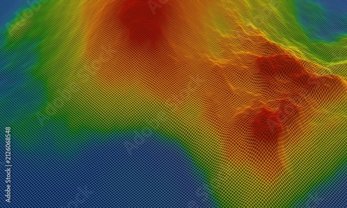 3D topographic terrain wireframe map with colorful heat gradient mesh