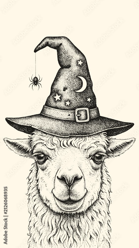 Obraz premium Alpaca wearing a witch hat with a spider Halloween llama portrait illustration