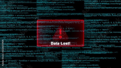 Permanent digital data lost error message with blue matrix code background for cyber security hacking and system failure visualization