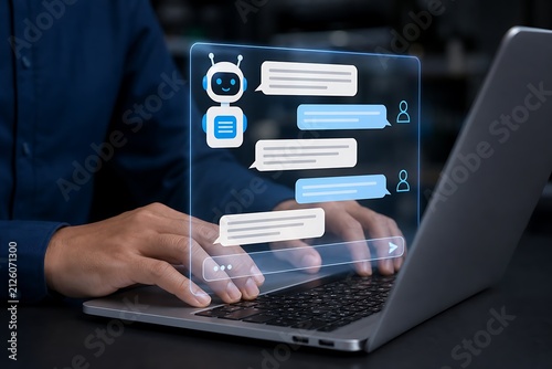 Person typing on laptop with holographic chatbot interface and speech bubbles