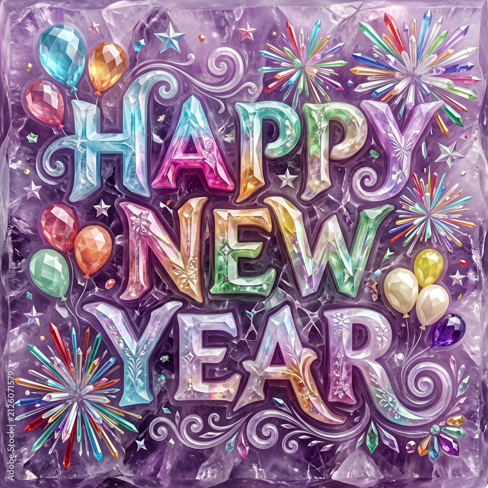 Fototapeta premium Luxury Crystal Happy New Year Typography with Colorful Gem Balloons Sparkling Fireworks and Amethyst Background Design