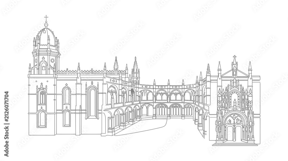 Obraz premium Jerónimos Monastery Line Drawing, Lisbon Landmark, Manueline Architecture Outline