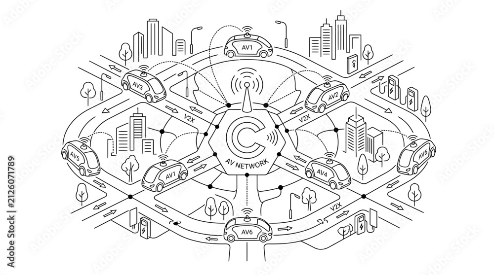 Fototapeta premium Autonomous Vehicle Network: Smart City Transportation System with Connected Cars and 5G Technology