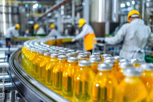 Beverage bottles moving along factory production line