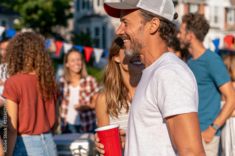 Obraz premium Picturesque diverse group enjoying a holiday cookout in a suburban backyard, casual warm season clothing, natural social interaction, red white and blue decorations, bright daylight,