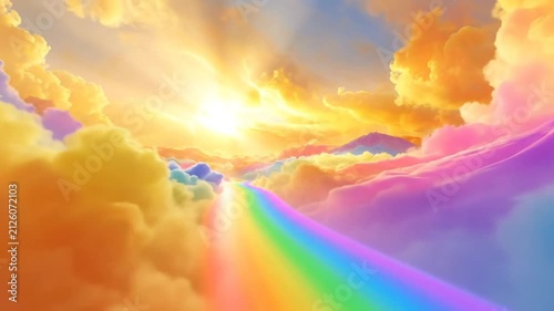 A vibrant rainbow path leads through colorful clouds towards bright sunlight