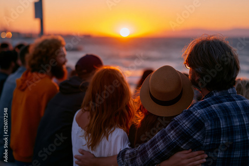 Picturesque faceless group of friends standing by the ocean watching the sun disappear below the horizon, dramatic sky colors, authentic social connection,