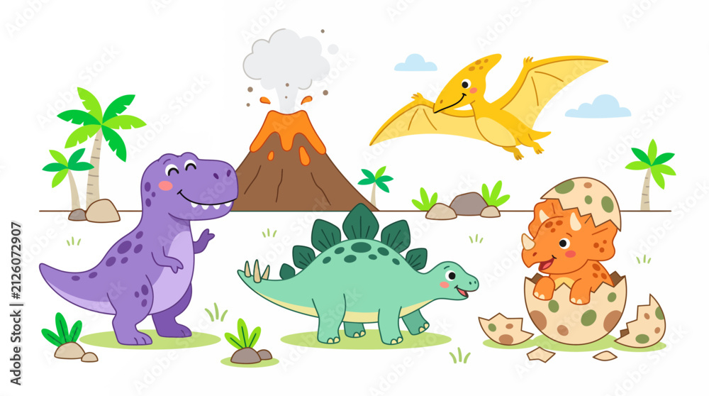 Fototapeta premium Cute cartoon dinosaurs, including T-Rex, Stegosaurus, hatching Triceratops and Pterodactyl, with a volcano and palms, symbolizing kids' learning and engaging playtime activities