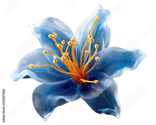 A Delicate Blue Bloom: An ethereal blue flower with translucent petals and vibrant orange stamen, its delicate beauty captured in exquisite detail.