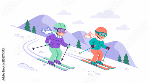 Vector illustration of two happy children skiing down a snowy mountain slope with trees, symbolizing winter holidays and healthy outdoor recreation