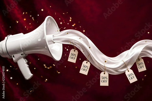 Elegant White Megaphone with Flowing Silk Ribbon and 50 Percent Off Tags
