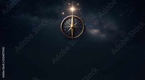 Golden compass with glowing star above against dark starry night sky. Suitable for navigation, spirituality, guidance, and adventure concepts.