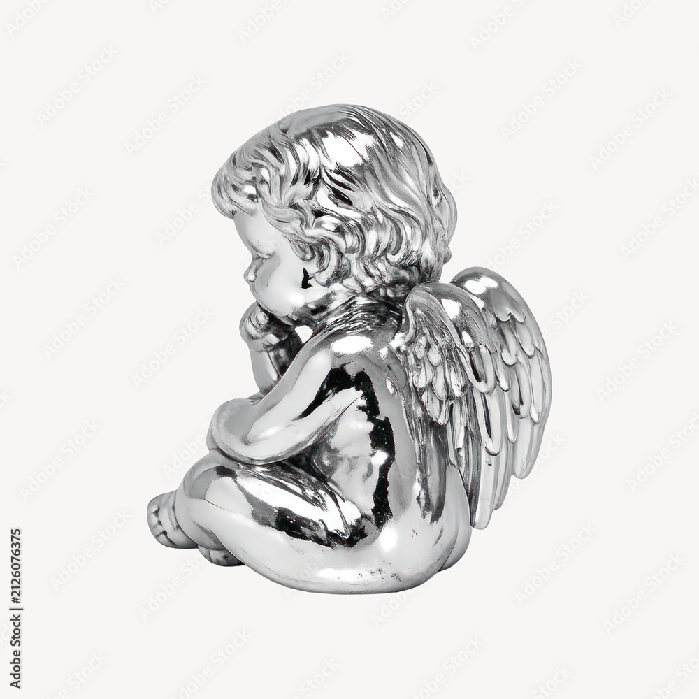 Fototapeta premium Silver cherub statue sitting with wings, thoughtful pose, side view.