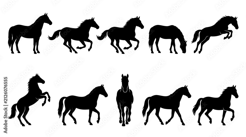 Fototapeta premium Horse Silhouette Collection Vector Set Featuring Ten Different Equestrian Poses Showing Galloping Running Standing And Rearing Animal Body Movements