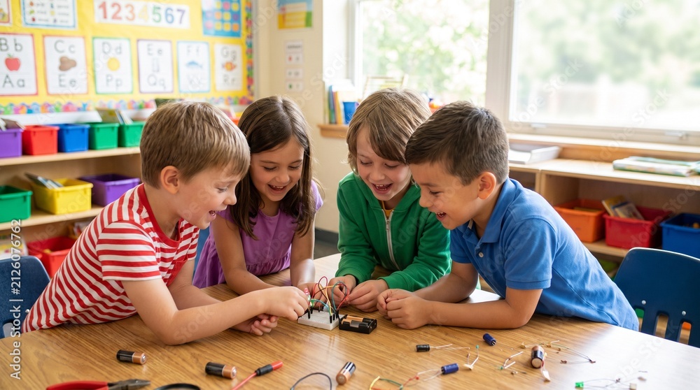 Obraz premium Diverse elementary school children excitedly assembling small electronic circuits during a fun hands on science lesson in their bright classroom