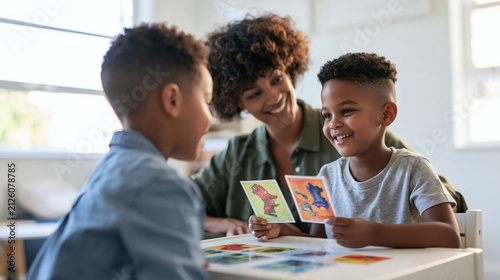 Joyful Learning Moment: A mother engages her two young sons in a playful educational activity, using flashcards to foster learning and bonding, capturing a heartwarming scene of family connection.