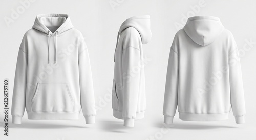 Three blank oversized white hoodie views arranged horizontally on a seamless white background for apparel template design presentation.