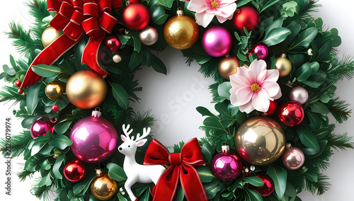 Decorative Christmas wreath with red ornaments and deer illustration